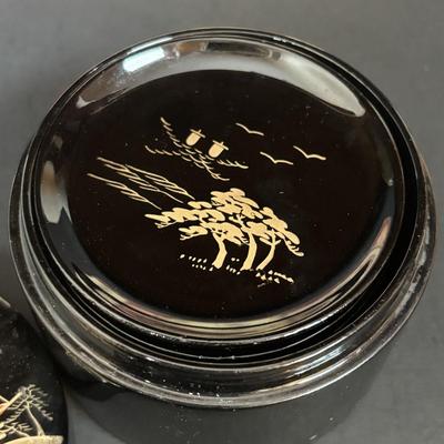 LOT 99: Vintage Hand Painted Lacquer Coaster Set along with Framed & Boxed Chinese Papercut Artwork