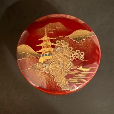 LOT 99: Vintage Hand Painted Lacquer Coaster Set along with Framed & Boxed Chinese Papercut Artwork