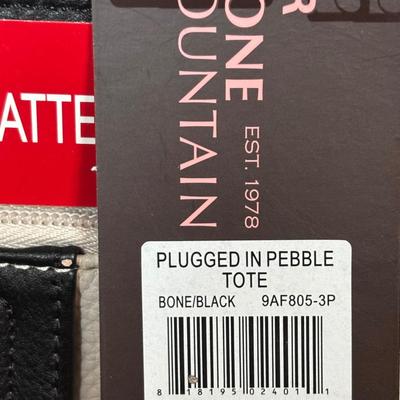 LOT 101: New w/Tags Stone Mountain Leather Plugged in Pebble Tote Bone/Black & Bone/Blue