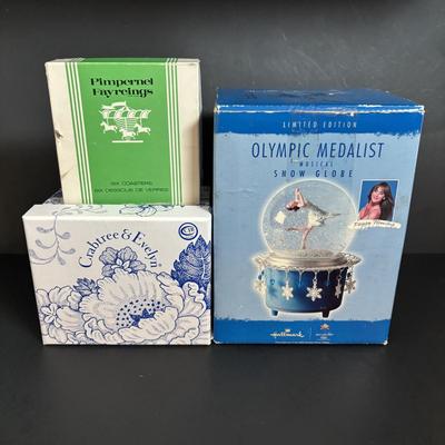 LOT 112: Limited Edition Hallmark Olympic Medalist Musical Snow Globe, Crabtree & Evelyn Mug, Porcelain Farm Animals & Pimpernel...