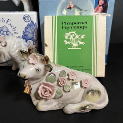 LOT 112: Limited Edition Hallmark Olympic Medalist Musical Snow Globe, Crabtree & Evelyn Mug, Porcelain Farm Animals & Pimpernel...