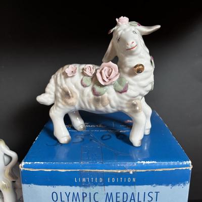 LOT 112: Limited Edition Hallmark Olympic Medalist Musical Snow Globe, Crabtree & Evelyn Mug, Porcelain Farm Animals & Pimpernel...