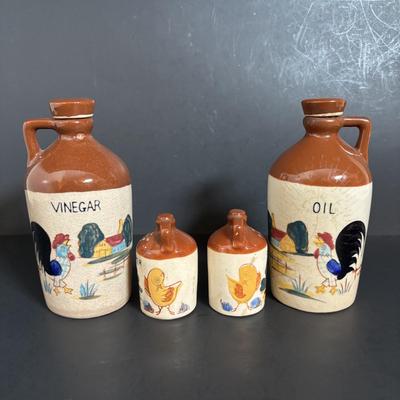 LOT 114: Kitchen Collectibles: Made in Western Germany Father Mug, Pottery Pitcher, Vinegar, Oil, Salt/Pepper Set, Hirco Rosettes Patty...