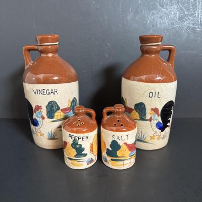 LOT 114: Kitchen Collectibles: Made in Western Germany Father Mug, Pottery Pitcher, Vinegar, Oil, Salt/Pepper Set, Hirco Rosettes Patty...