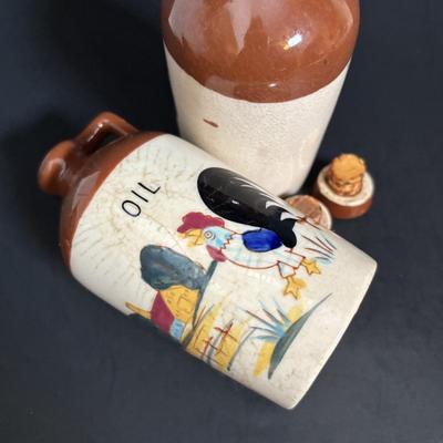 LOT 114: Kitchen Collectibles: Made in Western Germany Father Mug, Pottery Pitcher, Vinegar, Oil, Salt/Pepper Set, Hirco Rosettes Patty...