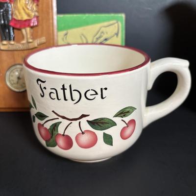 LOT 114: Kitchen Collectibles: Made in Western Germany Father Mug, Pottery Pitcher, Vinegar, Oil, Salt/Pepper Set, Hirco Rosettes Patty...