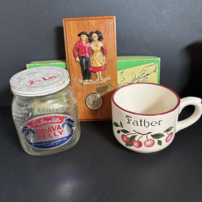 LOT 114: Kitchen Collectibles: Made in Western Germany Father Mug, Pottery Pitcher, Vinegar, Oil, Salt/Pepper Set, Hirco Rosettes Patty...