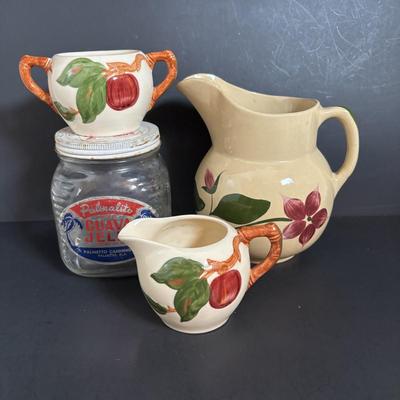 LOT 114: Kitchen Collectibles: Made in Western Germany Father Mug, Pottery Pitcher, Vinegar, Oil, Salt/Pepper Set, Hirco Rosettes Patty...