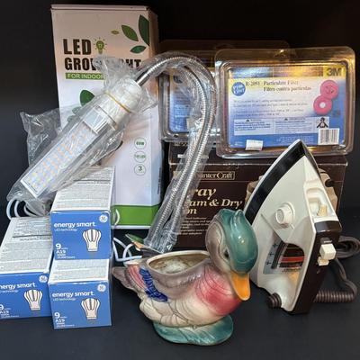 LOT 115: Vintage Mallard Duck Planter, Sears Iron, Indoor Led Grow Light & More
