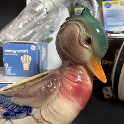 LOT 115: Vintage Mallard Duck Planter, Sears Iron, Indoor Led Grow Light & More