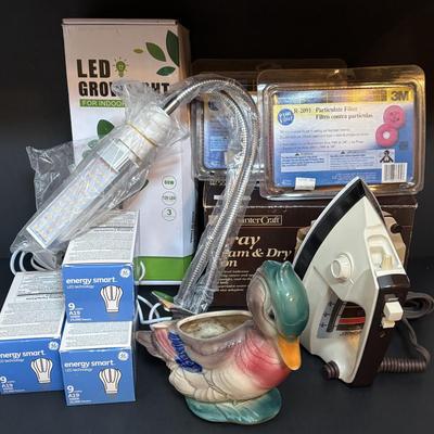 LOT 115: Vintage Mallard Duck Planter, Sears Iron, Indoor Led Grow Light & More