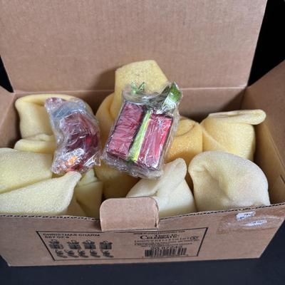 LOT 116: Lenox Santa Treat Dish & Santa Covered Candy Dish along with Time to Celebrate Charms/Ornaments (2 sets - 9 each)