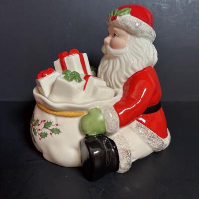 LOT 116: Lenox Santa Treat Dish & Santa Covered Candy Dish along with Time to Celebrate Charms/Ornaments (2 sets - 9 each)