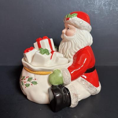 LOT 116: Lenox Santa Treat Dish & Santa Covered Candy Dish along with Time to Celebrate Charms/Ornaments (2 sets - 9 each)