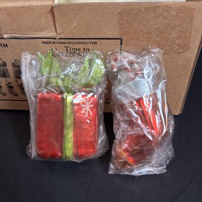 LOT 116: Lenox Santa Treat Dish & Santa Covered Candy Dish along with Time to Celebrate Charms/Ornaments (2 sets - 9 each)