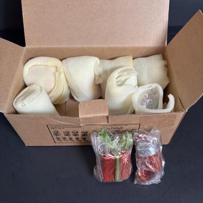 LOT 116: Lenox Santa Treat Dish & Santa Covered Candy Dish along with Time to Celebrate Charms/Ornaments (2 sets - 9 each)