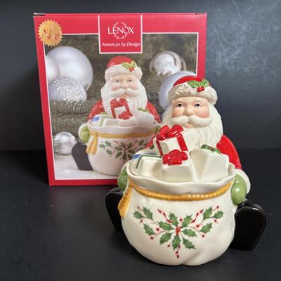 LOT 116: Lenox Santa Treat Dish & Santa Covered Candy Dish along with Time to Celebrate Charms/Ornaments (2 sets - 9 each)