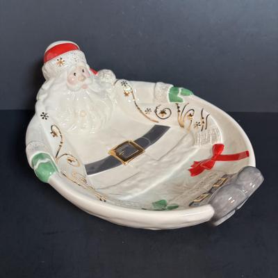 LOT 116: Lenox Santa Treat Dish & Santa Covered Candy Dish along with Time to Celebrate Charms/Ornaments (2 sets - 9 each)