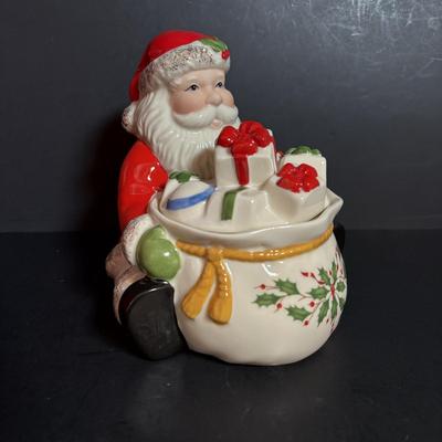 LOT 116: Lenox Santa Treat Dish & Santa Covered Candy Dish along with Time to Celebrate Charms/Ornaments (2 sets - 9 each)