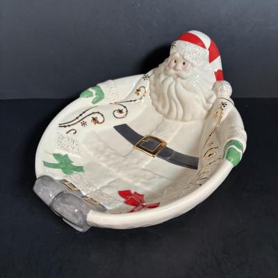 LOT 116: Lenox Santa Treat Dish & Santa Covered Candy Dish along with Time to Celebrate Charms/Ornaments (2 sets - 9 each)