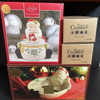 LOT 116: Lenox Santa Treat Dish & Santa Covered Candy Dish along with Time to Celebrate Charms/Ornaments (2 sets - 9 each)