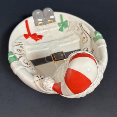 LOT 116: Lenox Santa Treat Dish & Santa Covered Candy Dish along with Time to Celebrate Charms/Ornaments (2 sets - 9 each)