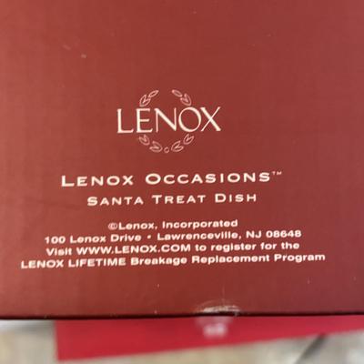 LOT 116: Lenox Santa Treat Dish & Santa Covered Candy Dish along with Time to Celebrate Charms/Ornaments (2 sets - 9 each)