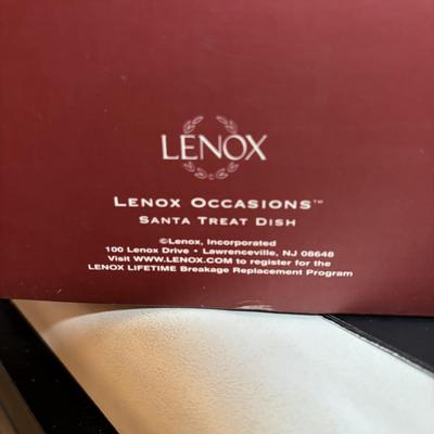 LOT 116: Lenox Santa Treat Dish & Santa Covered Candy Dish along with Time to Celebrate Charms/Ornaments (2 sets - 9 each)