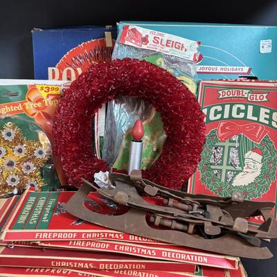 LOT 117: Vintage Christmas: Clamp-on Metal Ice Skates, REAL Tinsel, Red Cellophane Christmas Wreaths w/Electric Candles, Foil/Tinsel...