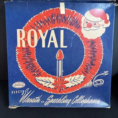 LOT 117: Vintage Christmas: Clamp-on Metal Ice Skates, REAL Tinsel, Red Cellophane Christmas Wreaths w/Electric Candles, Foil/Tinsel...