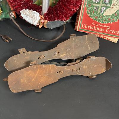 LOT 117: Vintage Christmas: Clamp-on Metal Ice Skates, REAL Tinsel, Red Cellophane Christmas Wreaths w/Electric Candles, Foil/Tinsel...