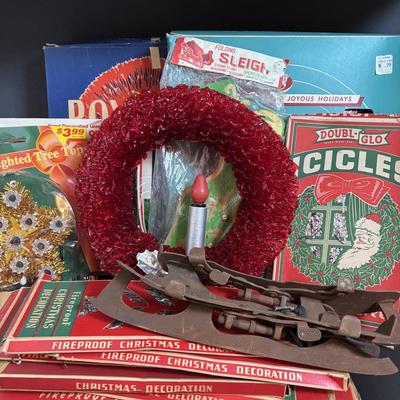 LOT 117: Vintage Christmas: Clamp-on Metal Ice Skates, REAL Tinsel, Red Cellophane Christmas Wreaths w/Electric Candles, Foil/Tinsel...