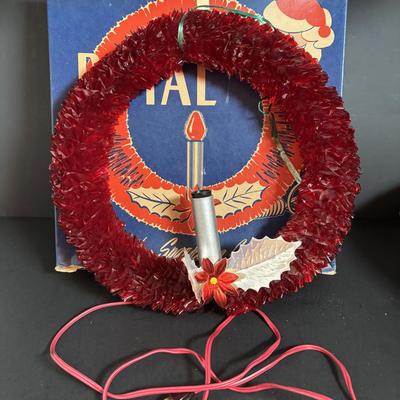 LOT 117: Vintage Christmas: Clamp-on Metal Ice Skates, REAL Tinsel, Red Cellophane Christmas Wreaths w/Electric Candles, Foil/Tinsel...