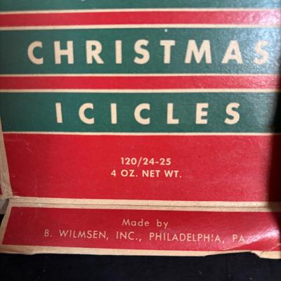 LOT 117: Vintage Christmas: Clamp-on Metal Ice Skates, REAL Tinsel, Red Cellophane Christmas Wreaths w/Electric Candles, Foil/Tinsel...