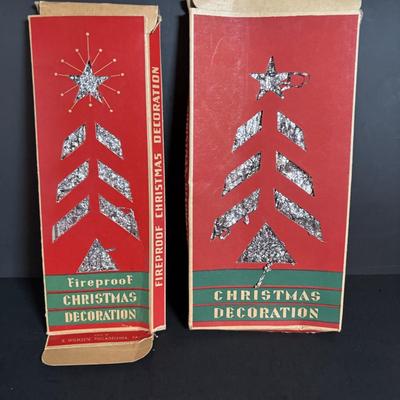 LOT 117: Vintage Christmas: Clamp-on Metal Ice Skates, REAL Tinsel, Red Cellophane Christmas Wreaths w/Electric Candles, Foil/Tinsel...