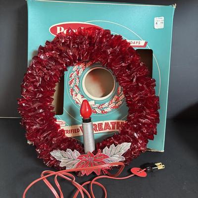 LOT 117: Vintage Christmas: Clamp-on Metal Ice Skates, REAL Tinsel, Red Cellophane Christmas Wreaths w/Electric Candles, Foil/Tinsel...