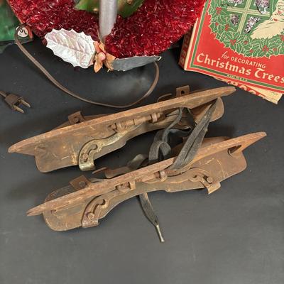LOT 117: Vintage Christmas: Clamp-on Metal Ice Skates, REAL Tinsel, Red Cellophane Christmas Wreaths w/Electric Candles, Foil/Tinsel...