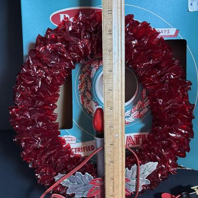 LOT 117: Vintage Christmas: Clamp-on Metal Ice Skates, REAL Tinsel, Red Cellophane Christmas Wreaths w/Electric Candles, Foil/Tinsel...