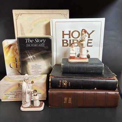 LOT 118: Religious Collection of Figures, DVDs, Bible Trivia Game & Bibles