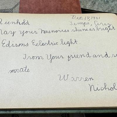 Sale Photo Thumbnail #447: Spiral and other bound notebooks. Africa Giraffe playing cards and score pads. fine paper, postcards autograph book from 1900. "may your memories shire as bright as Edison's light."