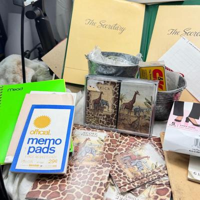 Sale Photo Thumbnail #446: Spiral and other bound notebooks. Africa Giraffe playing cards and score pads. fine paper, postcards autograph book from 1900. "may your memories shire as bright as Edison's light."