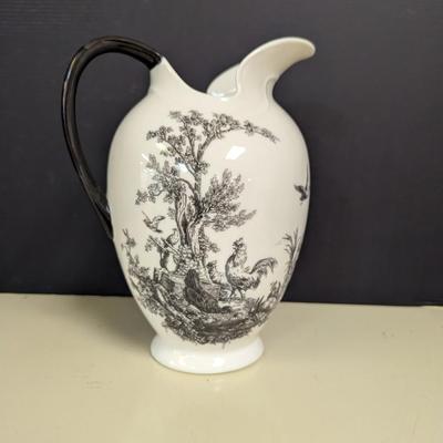 Vintage Black & White Farm Style Pitcher Rooster Rabbit Design