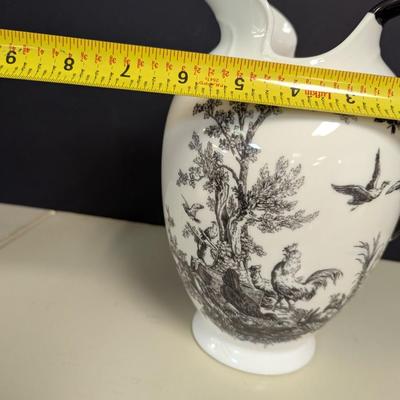 Vintage Black & White Farm Style Pitcher Rooster Rabbit Design