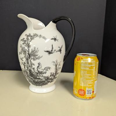 Vintage Black & White Farm Style Pitcher Rooster Rabbit Design