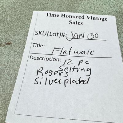 Sale Photo Thumbnail #471: Set for 12 ( 8 knives) with serving pieces in original tarnish proof box with COA. Lovely simple pattern Silver plate Service/6+  50's Mid-Century Modern ROGERS International Flatware SWEEP Pattern SWIRL in Handle w/Leaf Good Condition No Wear