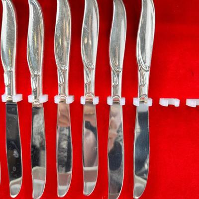 Sale Photo Thumbnail #462: Set for 12 ( 8 knives) with serving pieces in original tarnish proof box with COA. Lovely simple pattern Silver plate Service/6+  50's Mid-Century Modern ROGERS International Flatware SWEEP Pattern SWIRL in Handle w/Leaf Good Condition No Wear