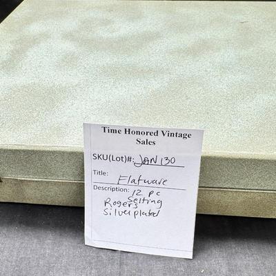 Sale Photo Thumbnail #474: Set for 12 ( 8 knives) with serving pieces in original tarnish proof box with COA. Lovely simple pattern Silver plate Service/6+  50's Mid-Century Modern ROGERS International Flatware SWEEP Pattern SWIRL in Handle w/Leaf Good Condition No Wear