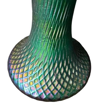 Art Nouveau Green Iridescent Vase with Hand Painted Flowers
