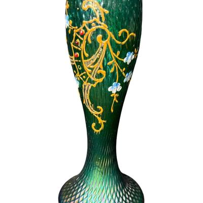 Art Nouveau Green Iridescent Vase with Hand Painted Flowers