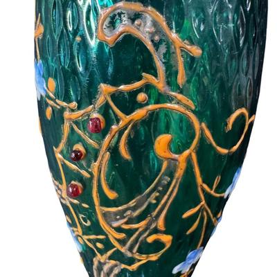 Art Nouveau Green Iridescent Vase with Hand Painted Flowers